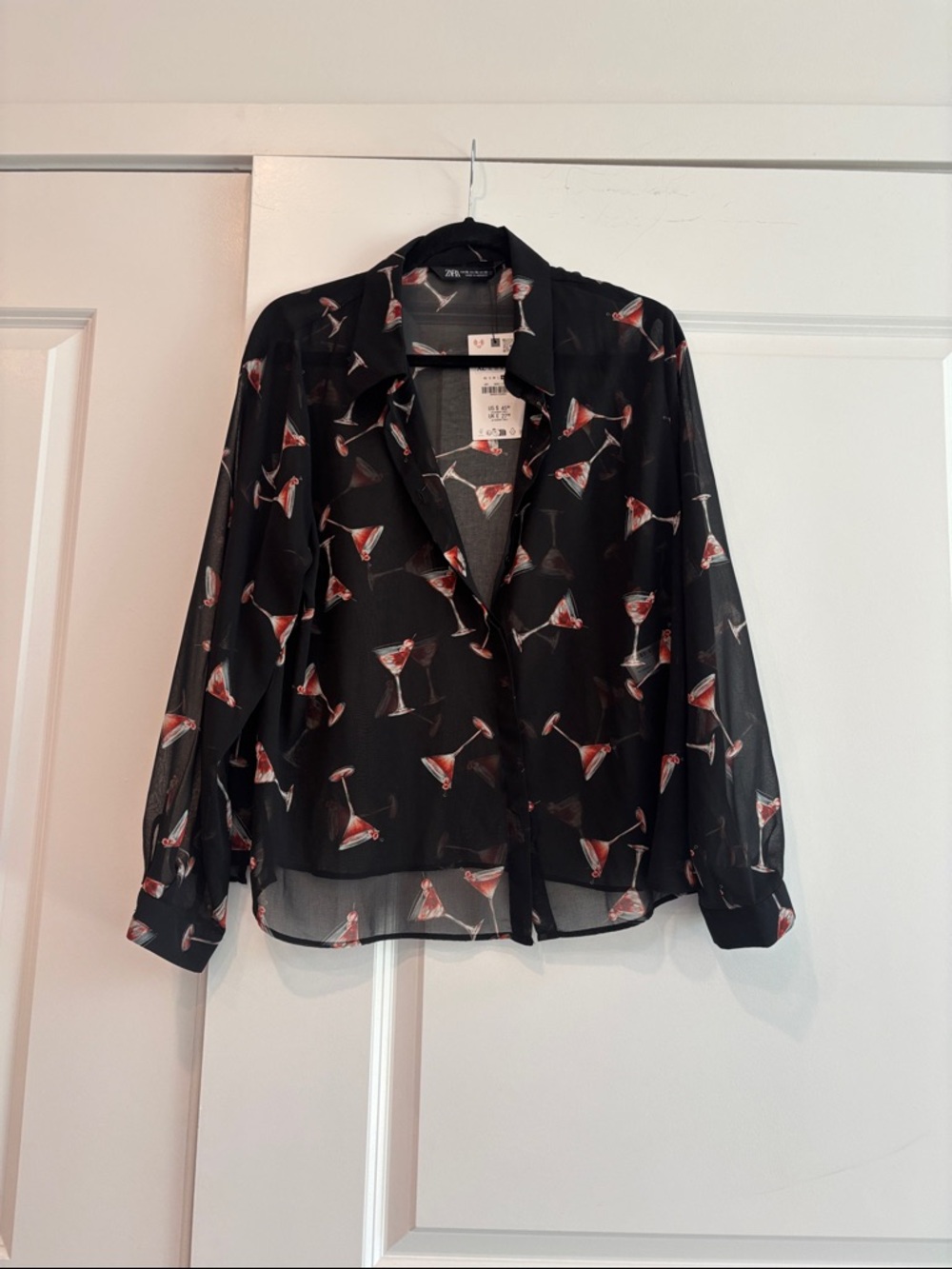 zara xl NWT Sheer Black Martini-Print Button-Up Shirt - Women